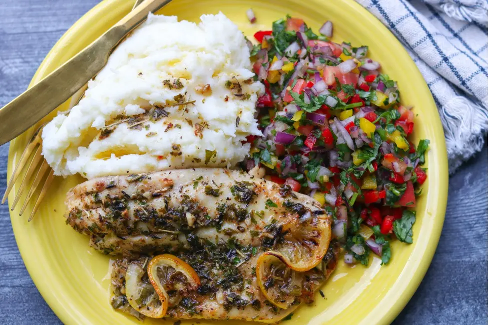 Tilapia w/ Lemon Herb Butter Sauce, Mashed Potatoes, and Salsa Salad